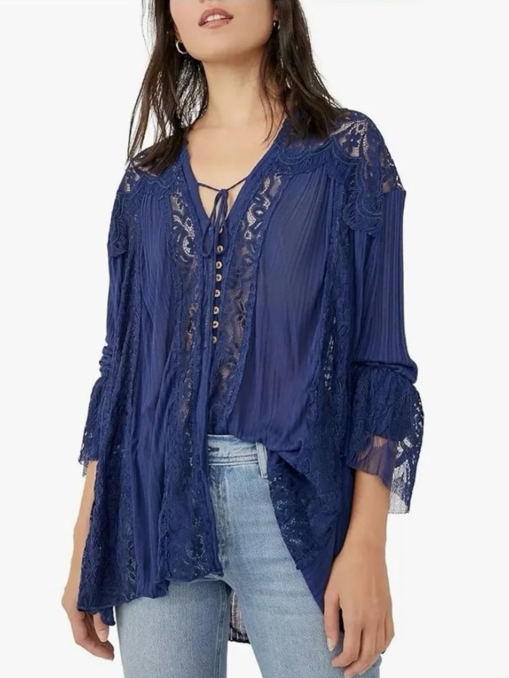 Free People Georgia Tunic Top Navy Peony Lace Bohemian Oversized Womens Size M